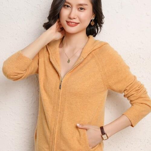 100% Pure Wool Women Sweater Casual Long Sleeve Hooded Solid Sweater Cardigan Fashion Leisure Autumn Winter Zipper Cardigan Tops