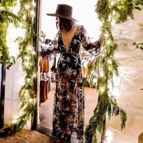 Embroidery Party Club Dress Women Hollow Out Deep V Neck Sexy Dresses Stars Sequi Splitns Long Dress Elegant Black Maxi Dress