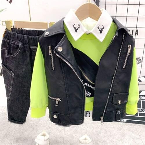 Winter Autumn Baby Boy Girl Clothes PU Leather vest, Sweater, shirt and jeans Clothes 4pcs Outfits Casual boys clothes set