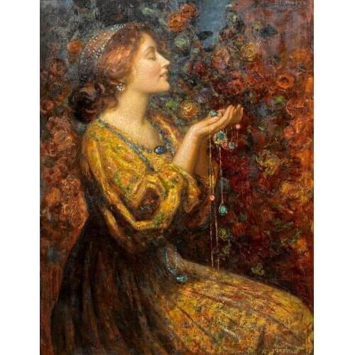 100%Handmade Huge art Oil painting Thomas Edwin Mostyn portrait young woman with Jewels