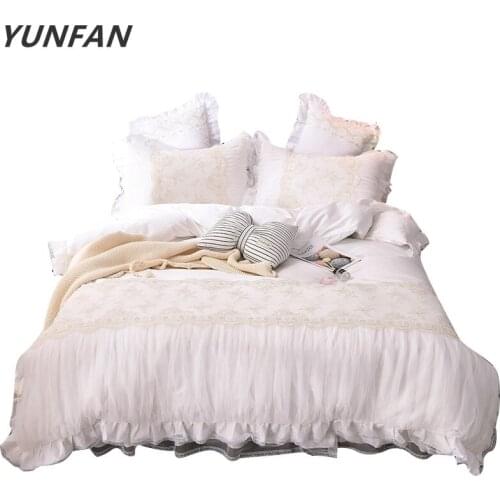 Hot 4pcs/set Romantic white lace rose bedding set princess duvet cover set bedding for wedding bedclothes luxury bedroom textile