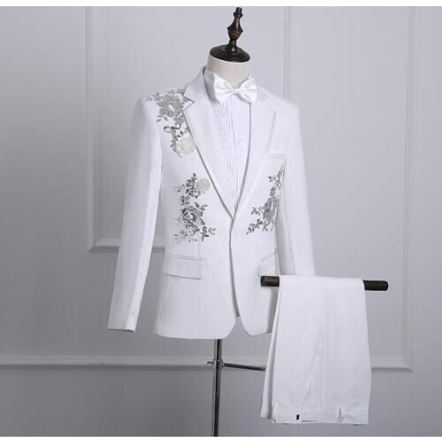 Sequins blazer men groom suit set with pants mens wedding suits costume singer star style stage clothing formal dress white