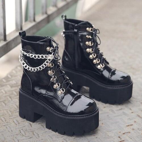 Metal Chain Chunky Platform Boots Women Round Toe Patent Leather Martin Boots Women Black Punk Goth Boots