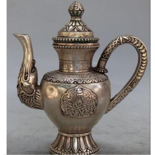 Decoration copper silver factory outlets 7" Marked Chinese Feng Shui Silver Dragon Flagon Wine Tea Pot Winepot Statue