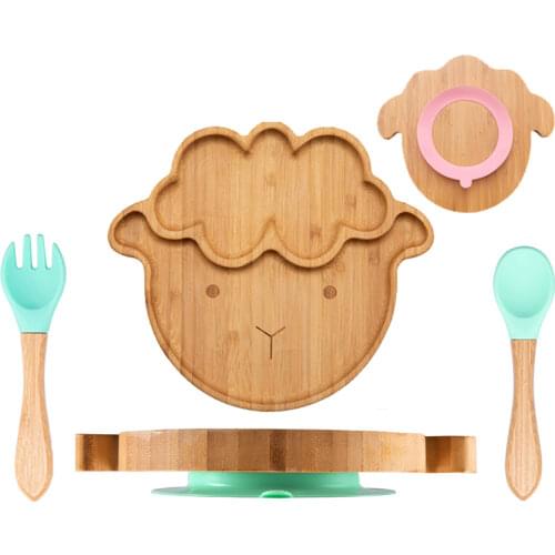 Custom Baby Tableware Feeding Bowls Sheep Plates Natural Bamboo Suction Bowl with Silicone Spoon Set Fits Most Childrens Dishes