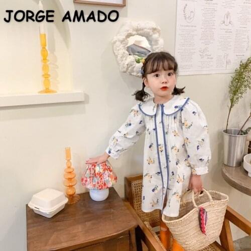 2021 New Korean Style Spring Girls Dress Peter Pan Collar Puff Sleeves Floral Princess Dresses Children Clothes E697