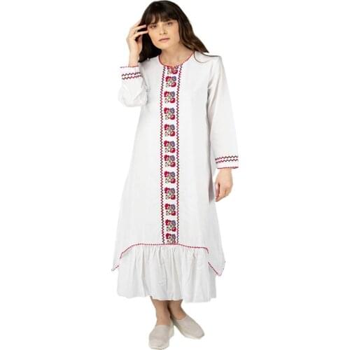 Hand Embroidered Patterned White Color Cotton Fabric Long Hijab Dress New Fashion Muslim Plus Size Womens Clothing Collections