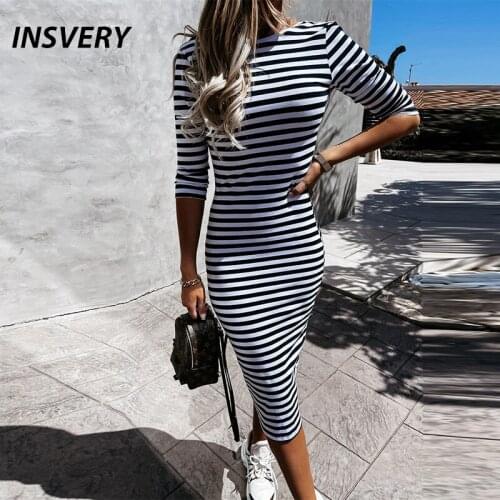 Elegant Women Striped Print Party Dress 2021 O Neck Slim A-Line Dress Women Sexy Backless Dresses Spring Summer Wear