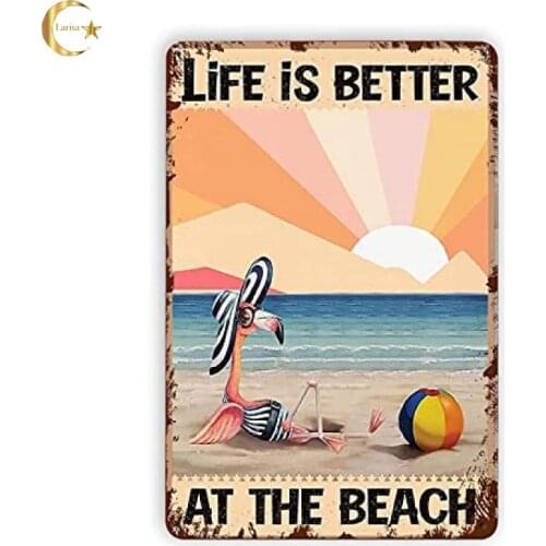 Flamingos Retro Metal Tin Signs Beach Landscape Metal Sign Art Plaque Sandy Beach Plaque Funny Pubs Club Kitchen Wall Decor