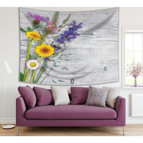 Tapestry Daisy Lavender Meadow Flowers on Wood Rural Nature Rustic Decor Grey Yellow Green