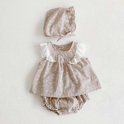 Summer New Toddler Baby Girl Clothes Set Infant Loose Floral Lace SleevelessTops+kid Girls Cotton Breathable PP Pant +Hat 3pcs