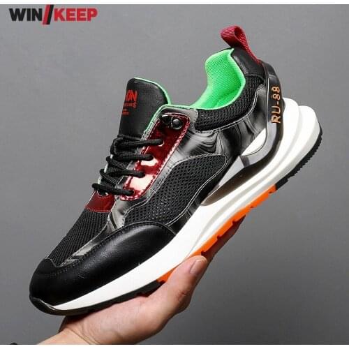 Summer Patchwork Mesh Genuine Leather Running Trainers Men Breathable Sport Shoes Lace Up Outdoor Men Sneakers Zapatillas Hombre