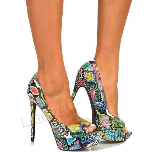 LAIGZEM 2020 Women Platform Heels Multi Snake Colorful Party Pumps Shoes Woman Scarpe Donna Tacones Mujer Large Size 50 51 52