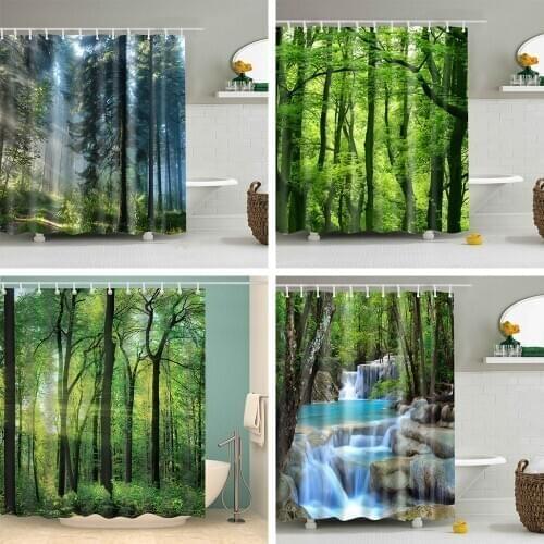 Forest Trees Printed 3d Green Shower Curtain Pattern Bathroom Shower Waterproof Mildewproof Decor