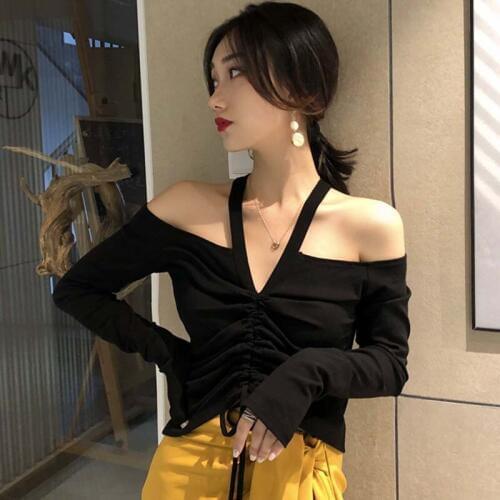 Fashion Solid Color Long Sleeve Lace Up T-Shirt Sexy Top Women Halter Off Shoulder T-Shirt