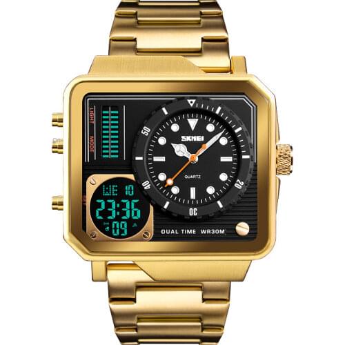 Fashion casual watch steel strap gold square dual display electronic