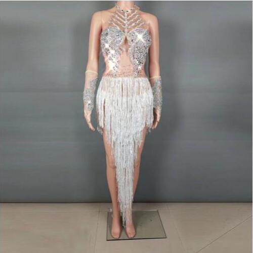 Fashion Sparkly Silver Crystals Fringes Dance Costume Rhinestones Gloves Tassel Bodysuit Party Wear Dance Show Sexy Outfit