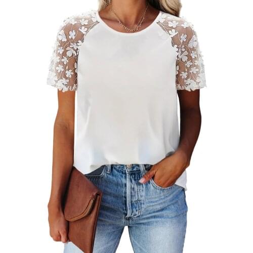 Sky Blue Crewneck Applique Splicing Sleeve Top