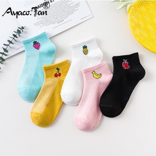 5 Pairs Women Socks Funny Fruits Letter Striped Print Happy Harajuku Cute Cartoon Cat Ankle Socks Autumn New Lady Short Socks