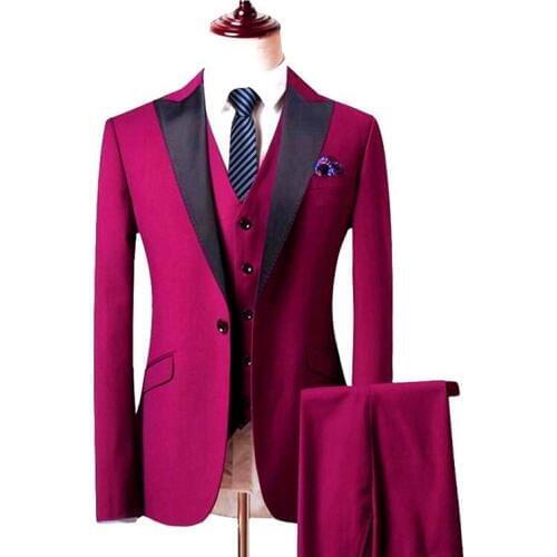 Newest Groomsmen Hot Pink Groom Tuxedos Peak Black Lapel Men Suits Wedding Best Man Blazer ( Jacket+Pants+Vest+Tie ) C488
