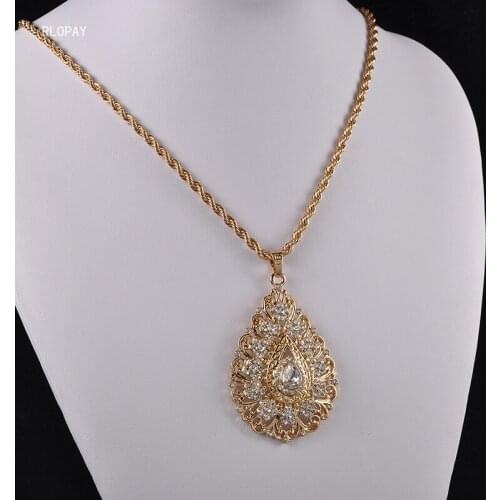 New Morocco Trendy Water Drop Pendant Necklace with Slid Chain Flower Shape Rhinestone Jewelry Necklace for Women