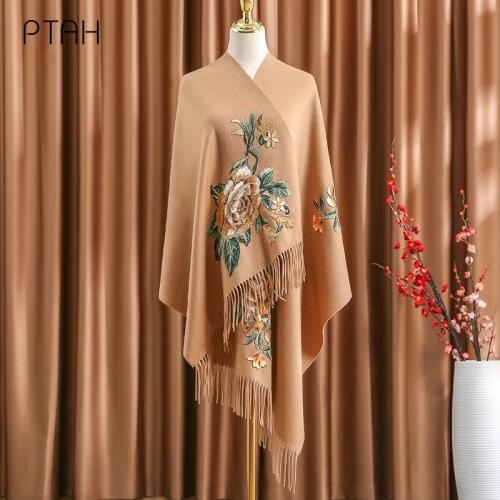 [PTAH] Wool Scarves For Women Thick Cashmere Shawl Wrap Winter Warmer Temperament Elegant Embroidery Large Scarf Ladies 200*60cm