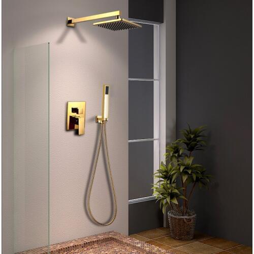 Golden solid brass Bathroom Luxury Square Rain Mixer Shower Set Wall Mounted Rainfall Shower Head System Polished Gold Finish