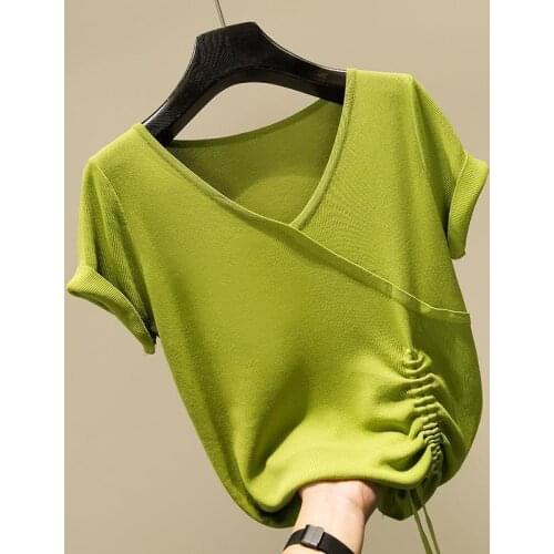 Summer tshirt women Green V neck knitted short sleeved Korean thin Ice silk cotton drawstring irregular solid color top Female