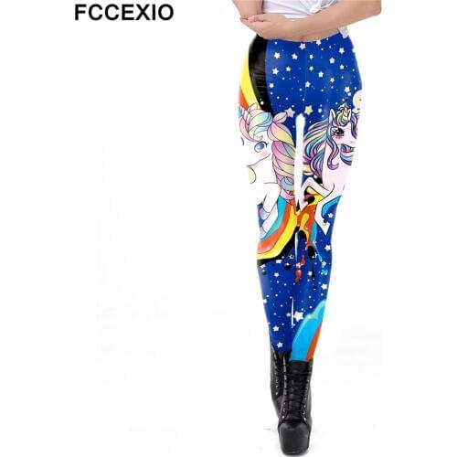 FCCEXIO 2019 Galaxy Women Leggings Kawaii Unicorn Print Leggin Highly Elastic Workout Female Fitness Legging Plus Size Leggins