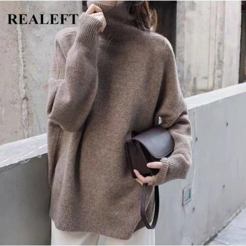 REALEFT Autumn Winter Turtleneck Cashmere Womens Sweaters Solid Long Sleeve Casual Loose Pullovers Female Knitting Chic Tops