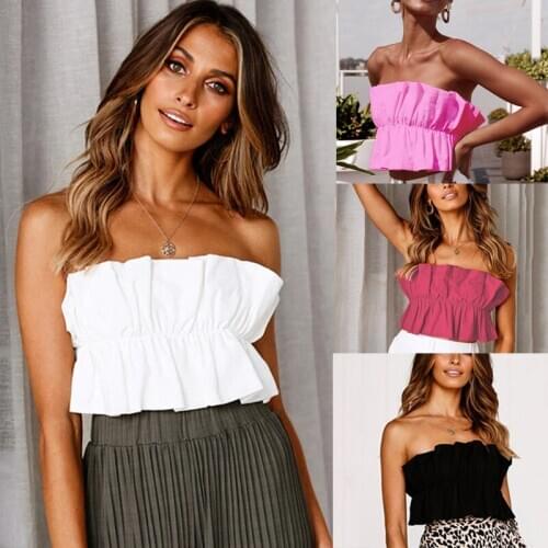New 2020 Summer Casual Tube Crop Top Off Shoulder Vest Women Strapless Tees Girl Ruffles Camis