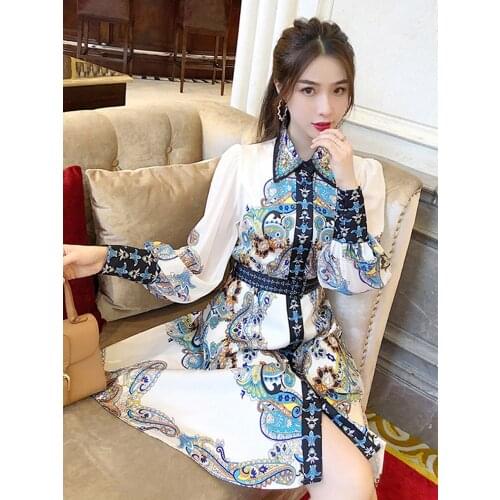 National style celebrity fashion print skirt 2021 spring summer womens hand nailed bead collar retro print slim fitting dress