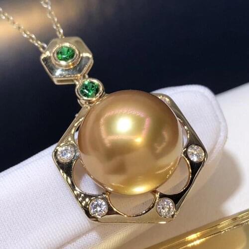 D530 Pearl Pendant Fine Jewelry Solid 14K Gold Round 13-14mm Nature Sea Water Golden Pearls Pendants Necklaces for Women Present