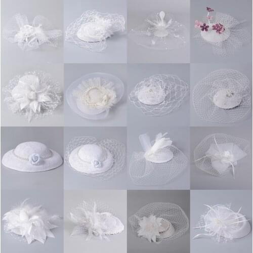 16design Women White Fascinators Flowers Church Pillbox Hats Lace Feathers Veils Hair Clips Cocktail Weddings Accessory