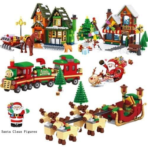 2021 Building Blocks Christmas Santa Train Tree Post Office Claus Figures City Village Creator Friends Bricks Kids Toys Gifts