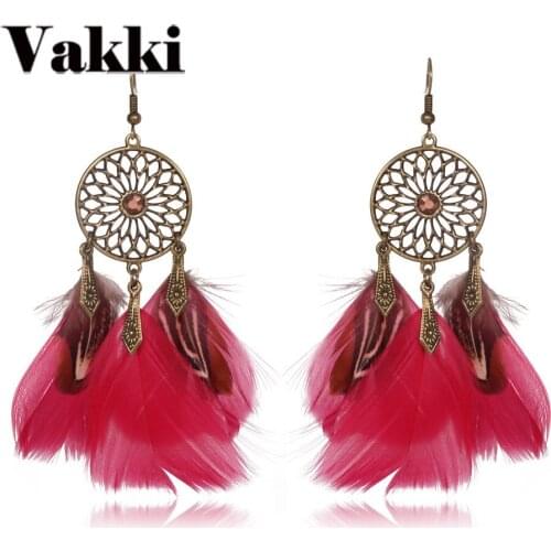 Bohemian Long Tassel Feather Earring Round Hollow Out Flower Vintage Ethnic Pendant Drop Earring for Women Girl Earring Jewelry