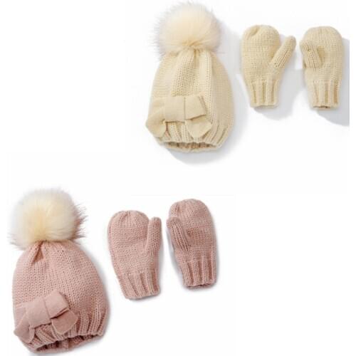 Kids Bow Hat Gloves Set Childrens Crochet Pompom Balls Hats and Gloves Winter Boys Girls Knitted Warm Caps TD482