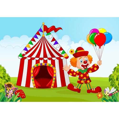 Cartoon Clown circus children take pictures of newborn babies in the background photo studio in the background