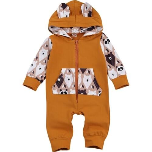 Newborn Baby Girls Boys Rabbit Ear Hooded Zipper Romper Jumpsuit Cartoon Bear Print Long Sleeve Pants Autumn Rompers 0-18M