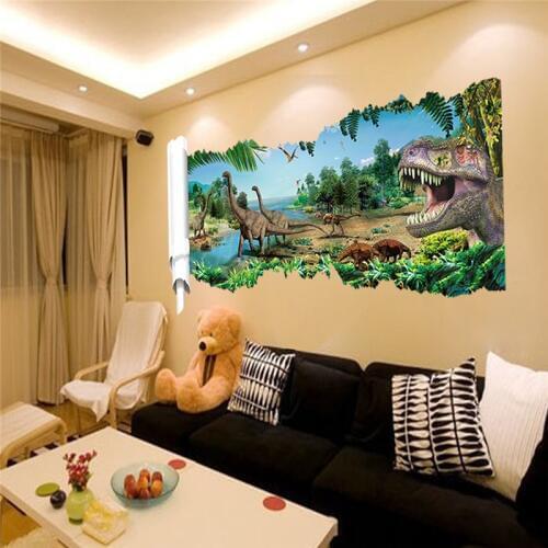 World Park Dinosaurs Wall Stickers for Kids Rooms Boy room Decoration 3d window effect Wall Decals Poster Wall paper mural
