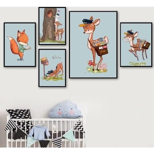 Cartoon Forest Animal Poster Postman Sika Deer Creative Canvas Painting Art Print Wallpaper Picture Craft Decoration Kids Room