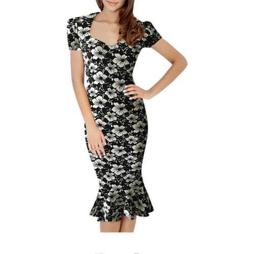 Black ladies retro white flowers Slim high waist elastic package hip pencil dress fashion fish tail dress