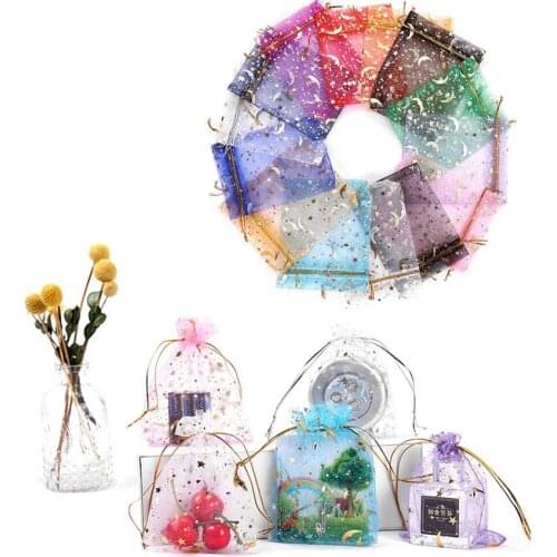 20Pcs/lot 7x9cm Small Christmas Drawstring Gift Bag Moon Star Organza Bags Charm Jewelry Boxes Organizer Pouches Packaging Bags