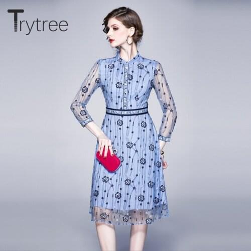 Trytree 2020 Spring Autumn Dress Women Casual O-neck Lace Wrist Sleeve Patchwork A-line Fashion Elegant Knee-Length Blue Dress
