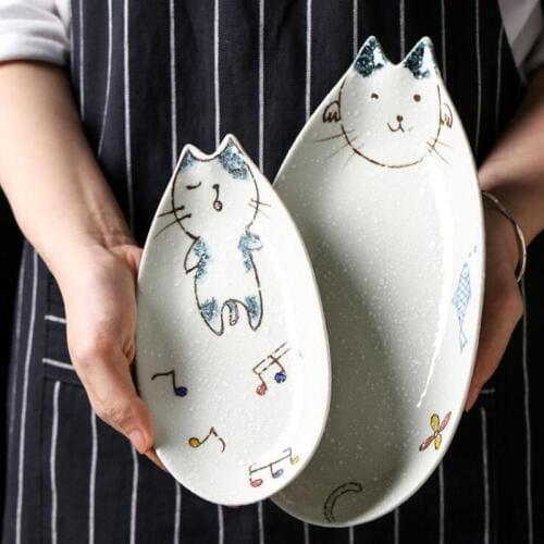 Japanese ceramic dinner plate Ceramic cat tableware Lovely tableware fruit dessert plate creative Cartoon Hand Color cat