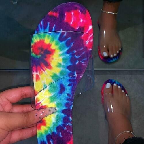 Summer Women Flat Slippers Clear Slides Transparent Upper Female Sandals Tie-dye Insole Casual Flip Flops Outdoor Roman Shoes
