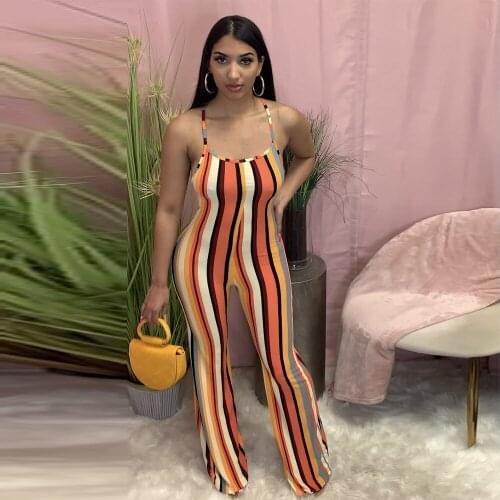 Vertical Striped Patchwork Sexy Beach Rompers Women Spaghetti Strap Backless Bell Bottom Jumpsuit Summer Beach One Piece Outfit