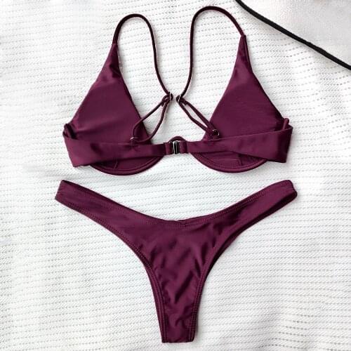 Women Sexy Plunging Neck Thong Bikinis Set Underwired Plunge Bathing Suit Spaghetti Straps Padded Female Swimsuits High Cut Suit