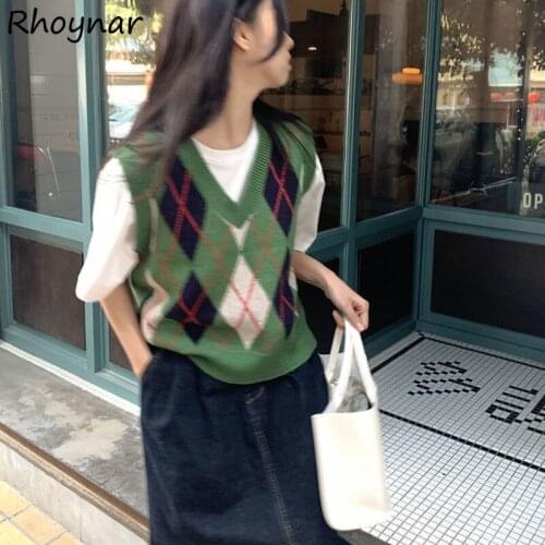 Sweater Vest Women Spring Autumn Fashion Ins Loose V-neck Comfortable Argyle 2 Colors Leisure Casual Girls Sweet Streetwear New