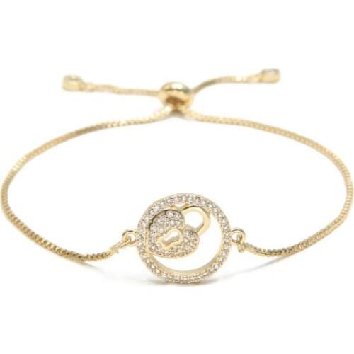Gold Chain bracelet micro pave cz rope Cubic Zirconia adjusted Macrame Round heart lock charm bracelet uh3 2Bangles Jewelry